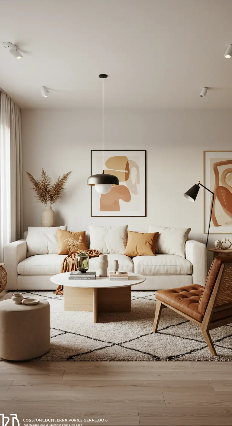 Moderne boho woonkamer met witte bank, aardetint kussens, leren fauteuil en abstracte kunst.