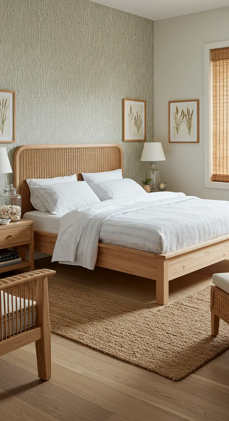 Lichte slaapkamer met rotan hoofdbord, botanische prints en jute kleed.