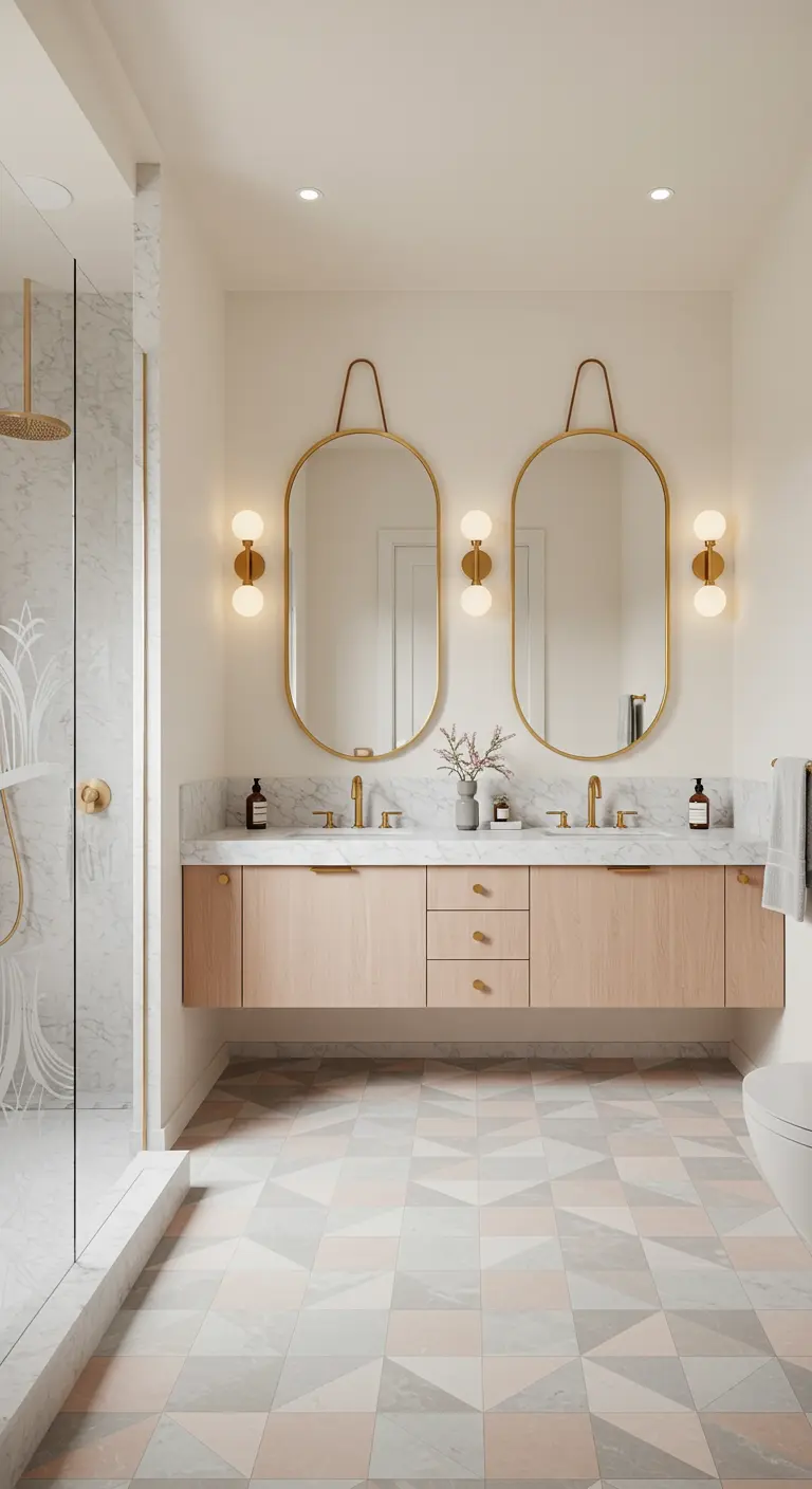Lichte badkamer met pastel geometrische vloertegels en gouden accenten.
