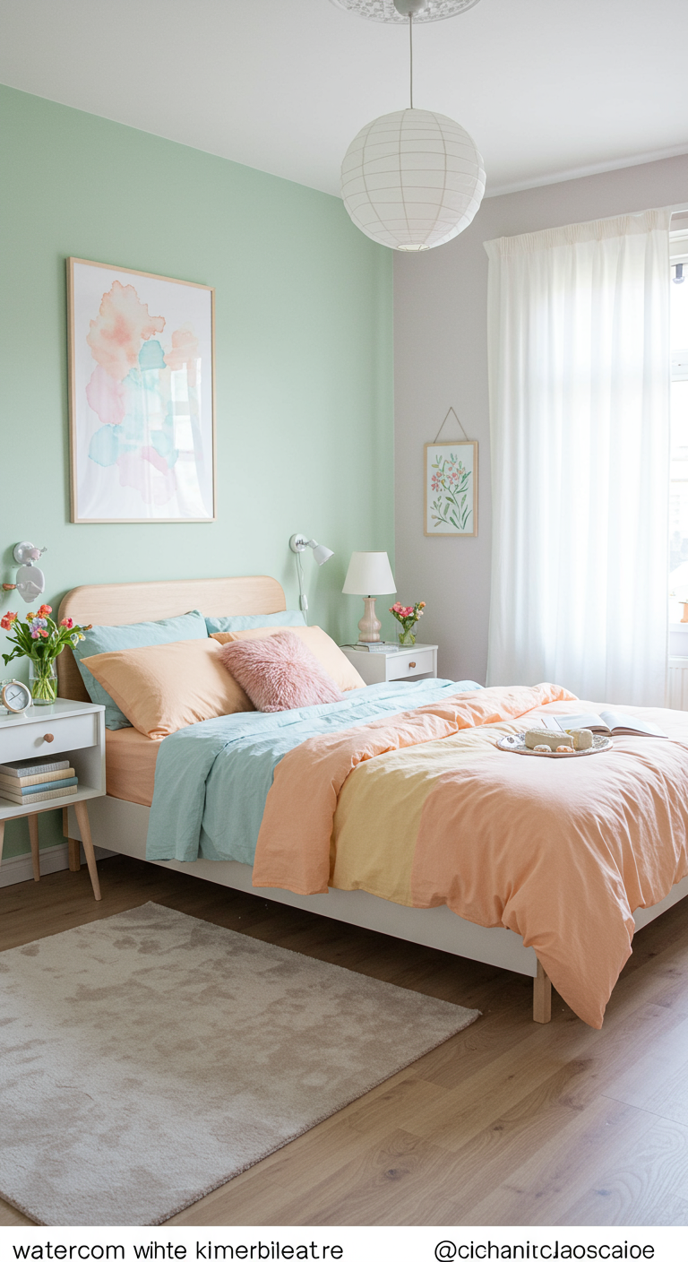 Lichte slaapkamer met pastelkleuren zoals mintgroen en perzik, houten bed en witte accenten.