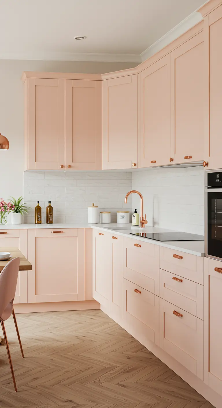 Moderne zalmroze keuken met koperen accenten en visgraatvloer.
