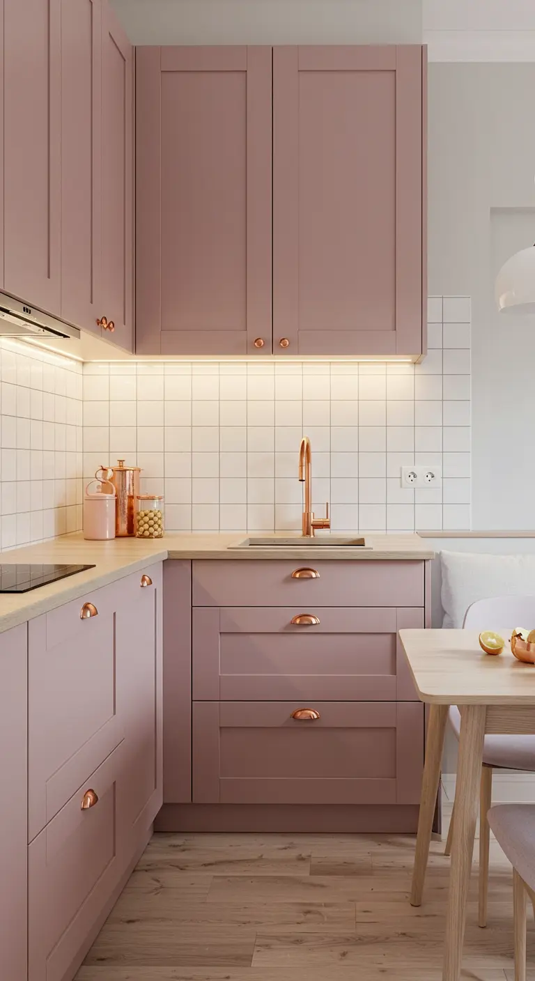 Oudroze keukenkastjes met koperen handgrepen en lichte tegels.