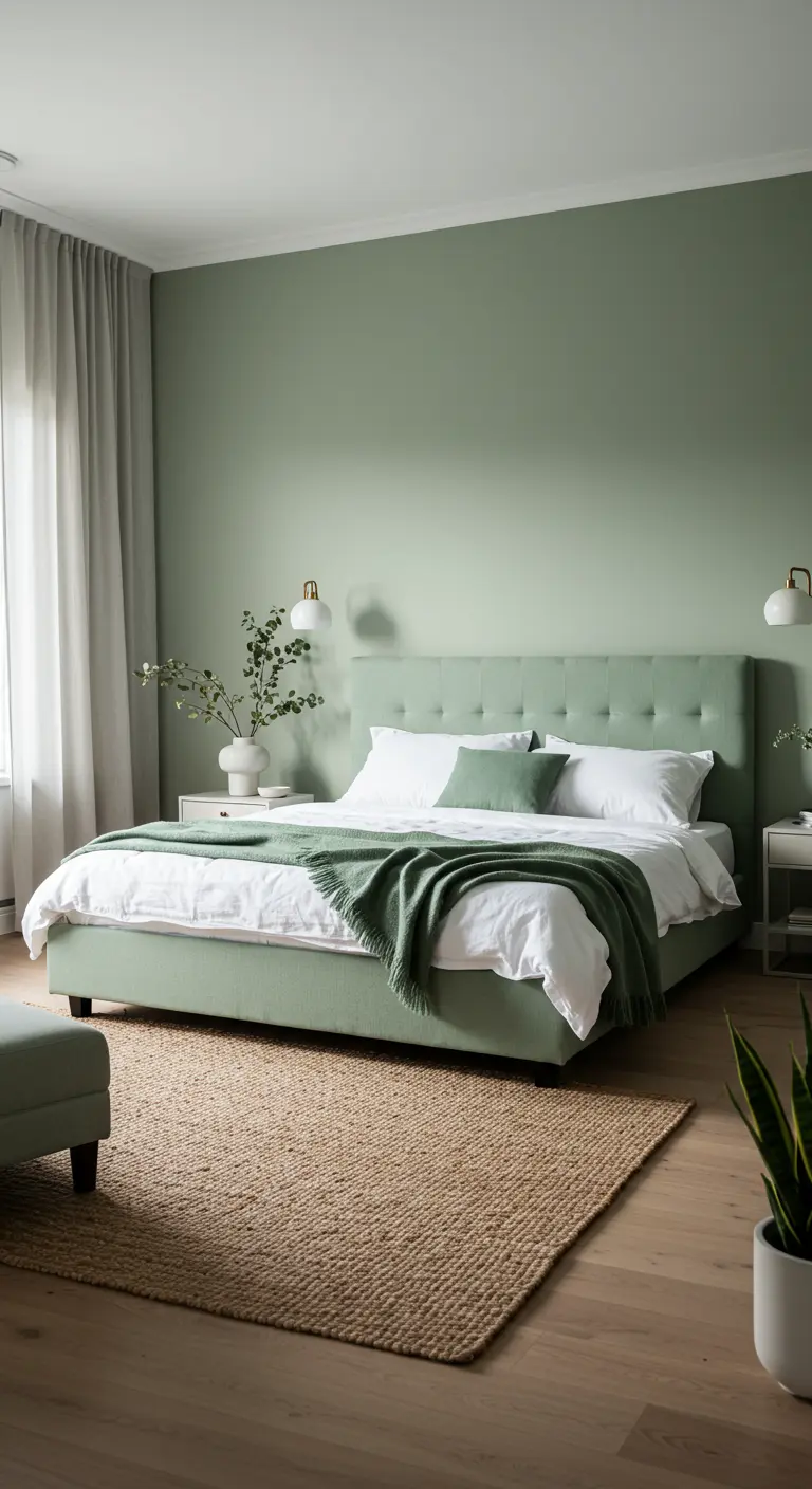 Slaapkamer met salie groene muur, lichtgroen gestoffeerd bed, witte lakens, groene plaid, jute vloerkleed.
