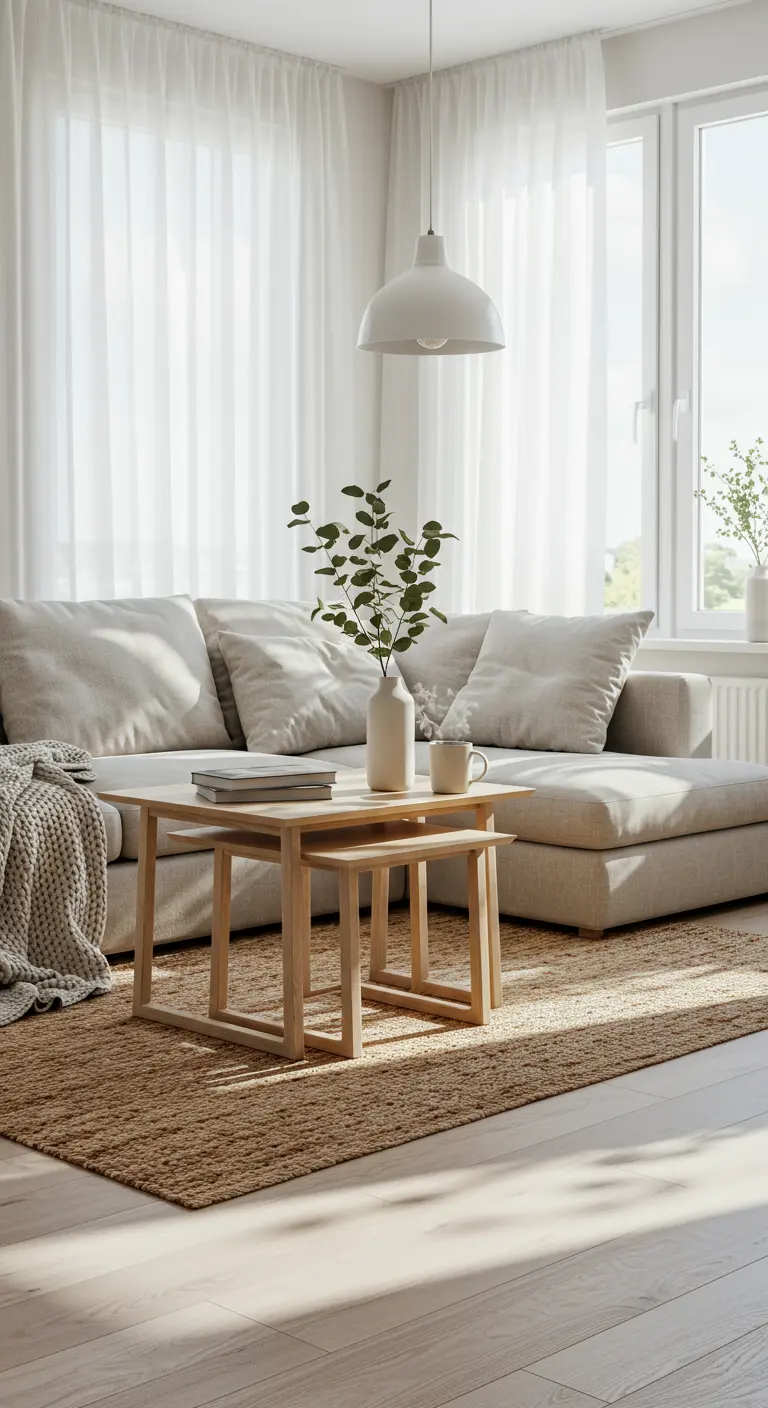 Twee lichte houten nesting bijzettafels voor een beige bank in een lichte woonkamer.