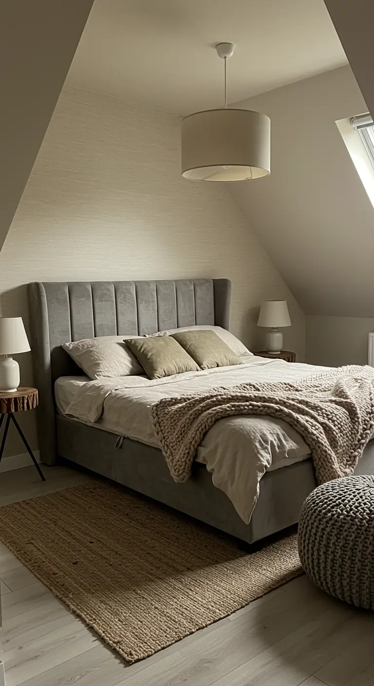 Zolderslaapkamer met grijs gestoffeerd bed, veel textiel en jute vloerkleed.