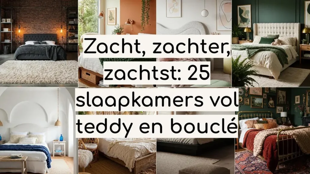 Collage van 6 zachte slaapkamers met teddy en bouclé texturen.