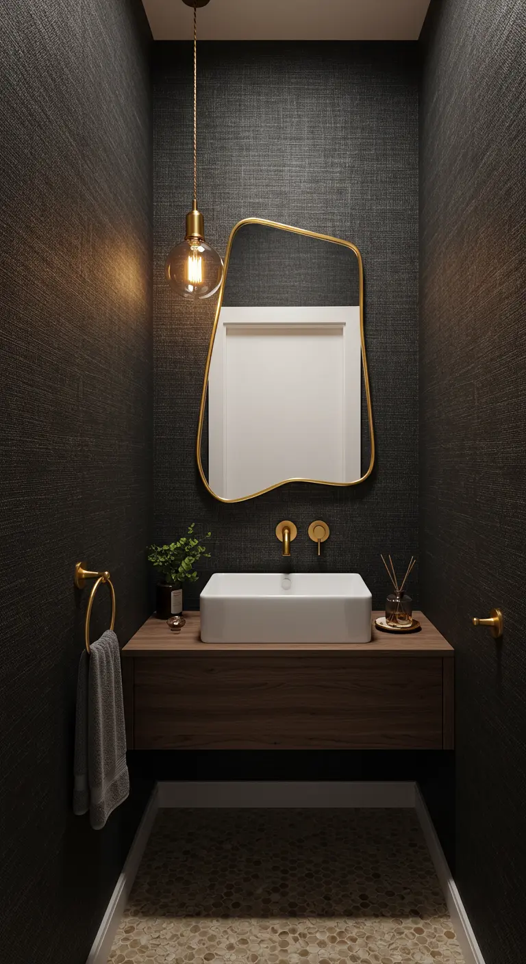 Donkergrijze poederkamer met houten wastafelmeubel, organische gouden spiegel en gouden lamp.