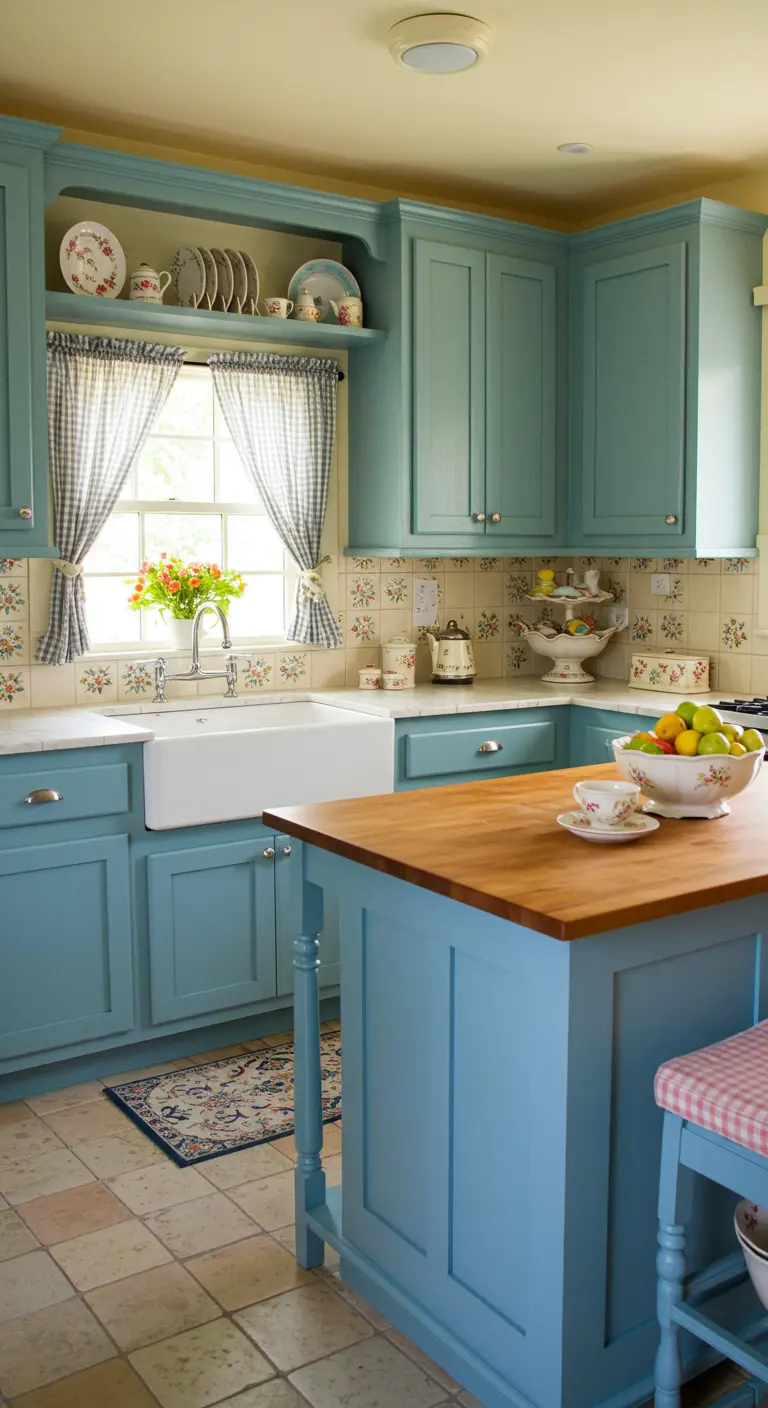 Landelijke cottage keuken met zachtblauwe kasten, houten werkblad en geblokte gordijnen.