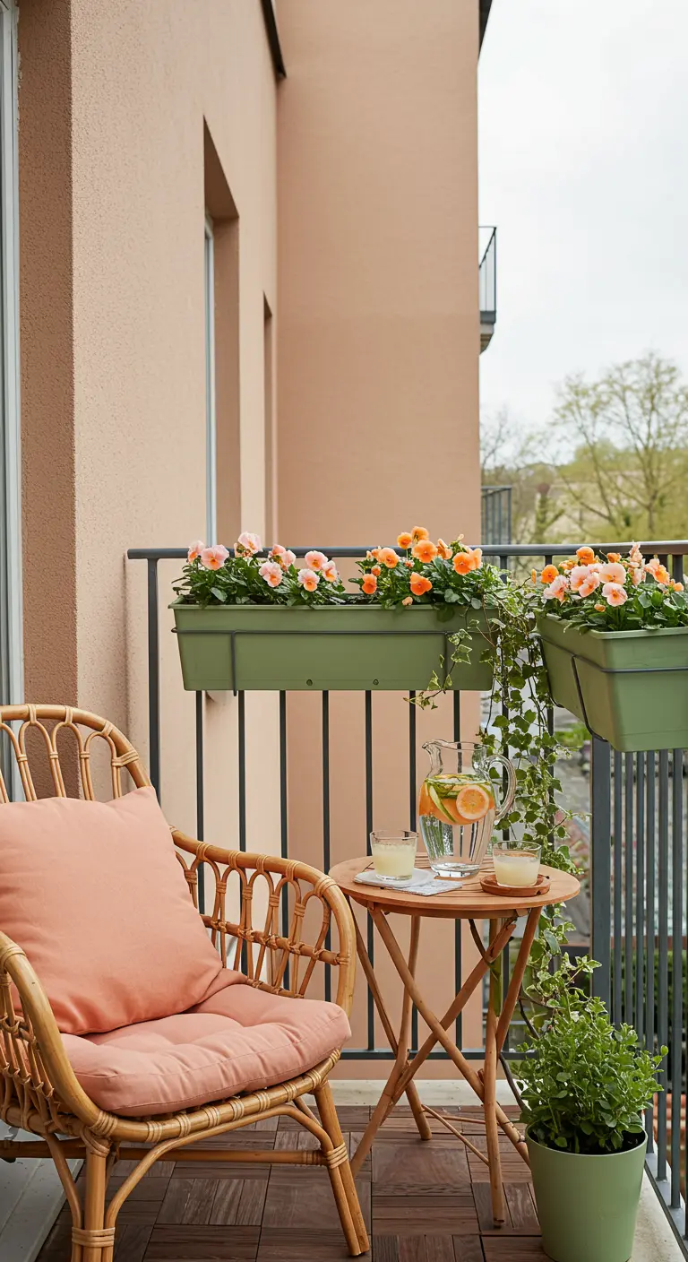 Balkon met rotan stoel, zalmroze kussen, legergroene balkonbakken en oranje bloemen.