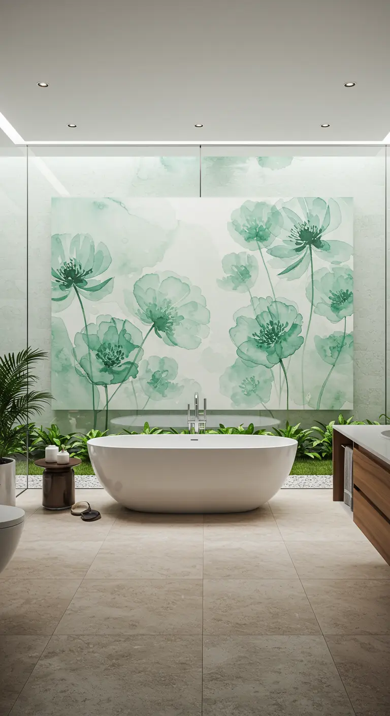 Lichte badkamer met een groot aquarelschilderij van groene bloemen achter het vrijstaande bad.