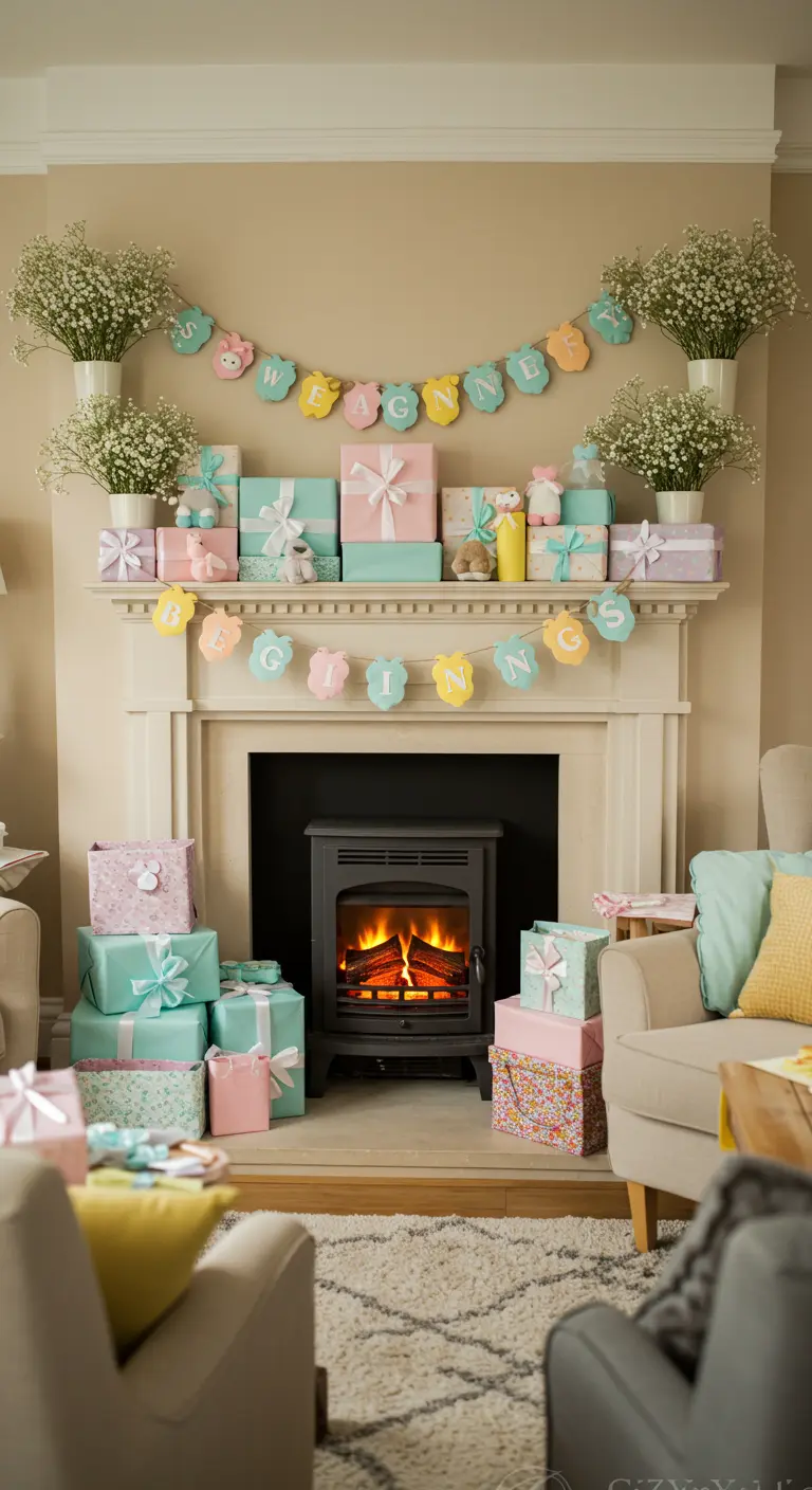 Schouw gedecoreerd voor een babyshower met pastelkleurige cadeaus, slingers en knuffels.