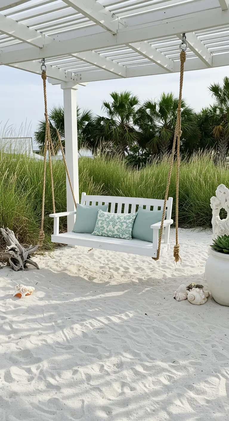Witte houten schommelbank met touw en turquoise kussens onder een pergola op zandgrond.