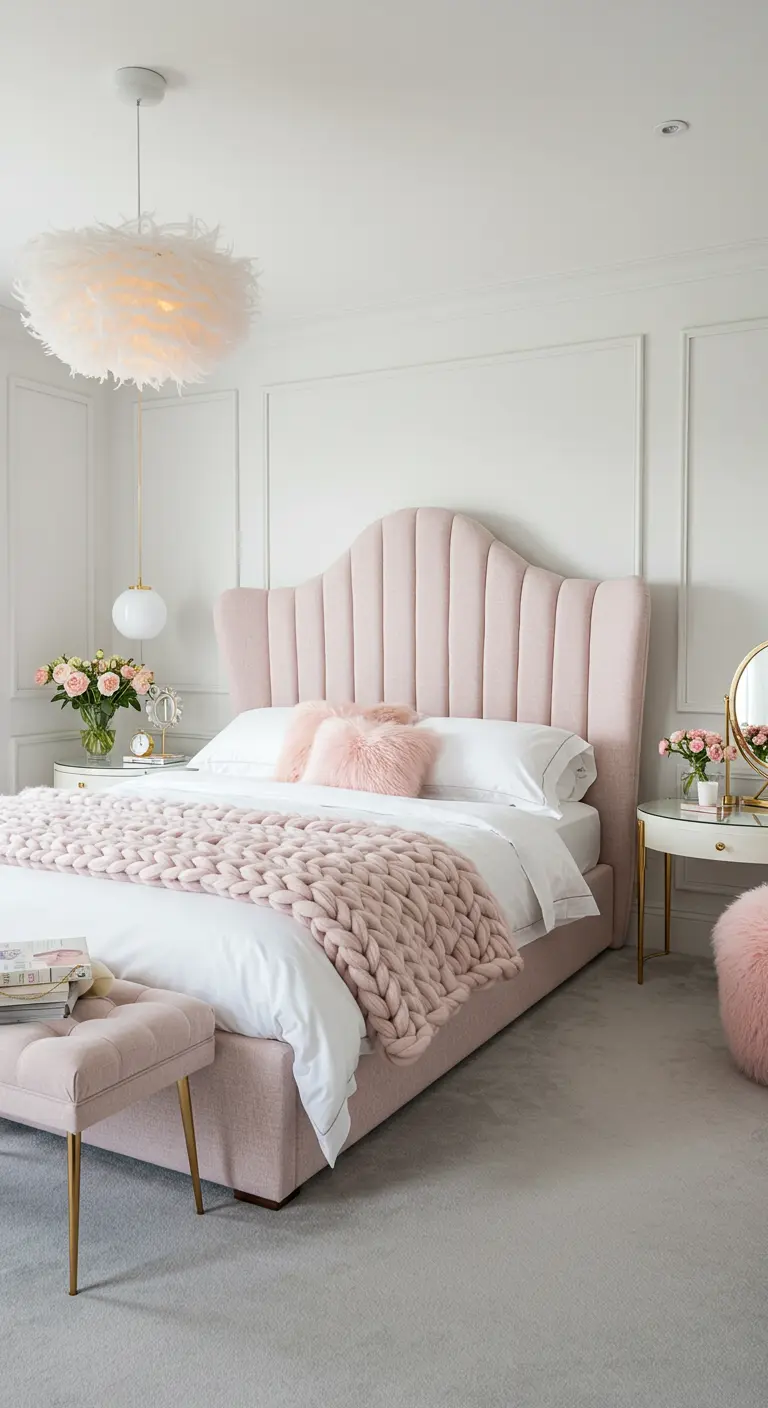 Dromerige slaapkamer met roze gestoffeerd hoofdbord, chunky knit deken en rozen.