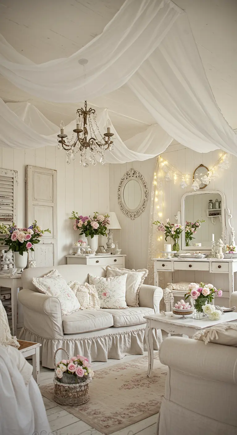 Romantische woonkamer met witte, gedrapeerde stoffen aan het plafond en vintage meubels.