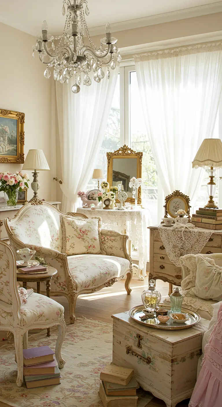 Lichte, Shabby Chic woonkamer met witte meubels, bloemenprints en kristallen kroonluchter.