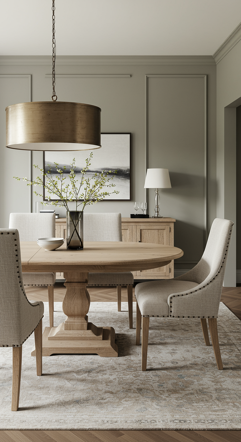 Elegante eetkamer met ovale licht houten eettafel en beige gestoffeerde stoelen.