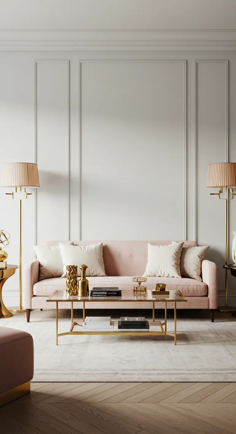 Lichtroze Art Deco woonkamer met fluwelen bank, gouden lampen en minimalistische details.