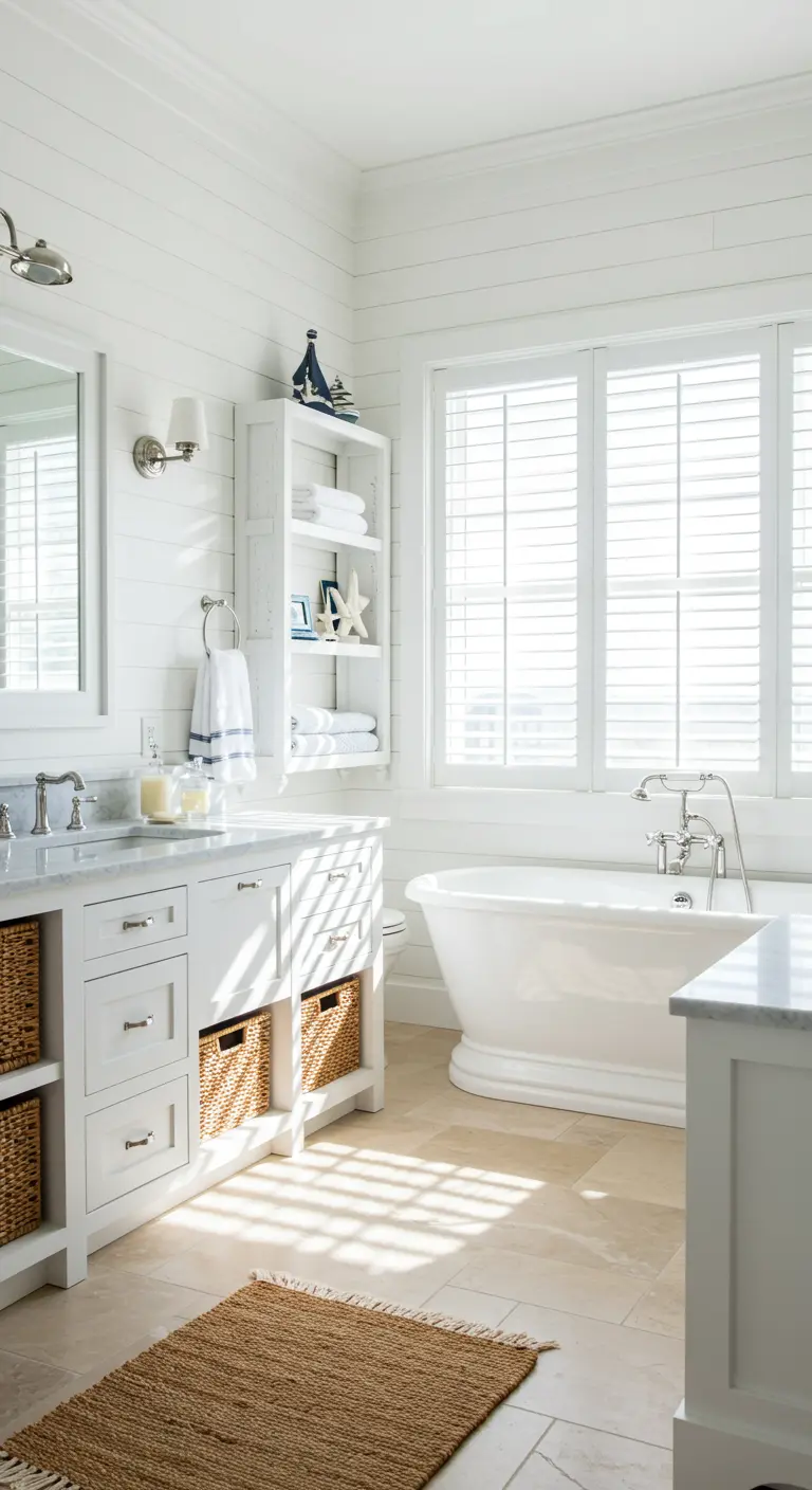 Landelijke witte badkamer met shutters voor het raam, vrijstaand bad en rieten manden.