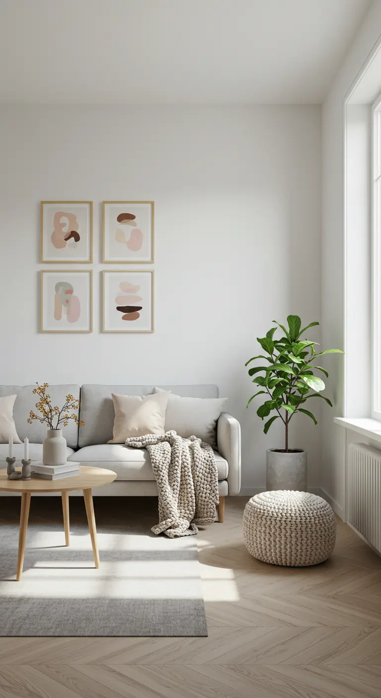 Vier abstracte kunstwerken in lichte houten lijsten boven een grijze bank in een lichte woonkamer.