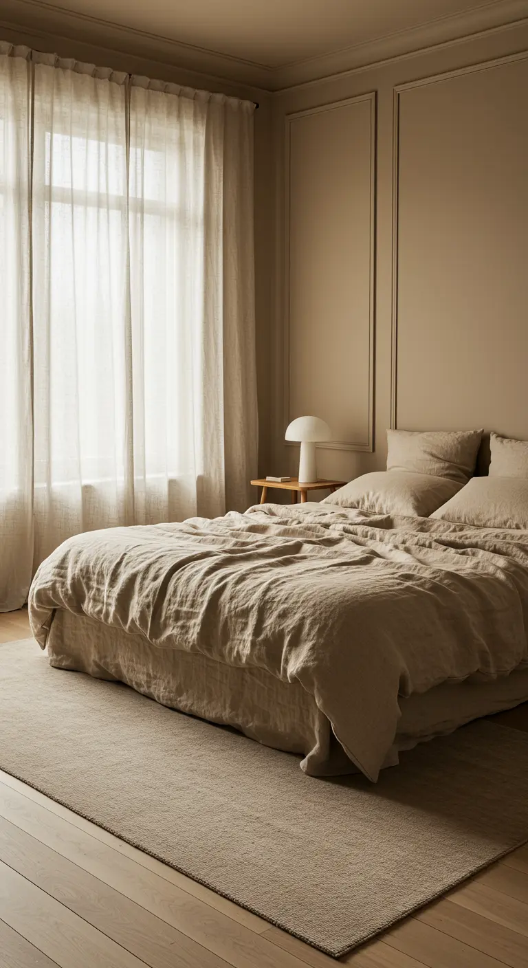 Slaapkamer met beige muren, linnen beddengoed, lichte gordijnen en minimalistische lamp.