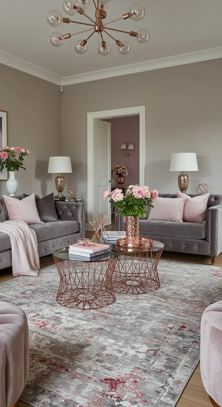 Modern-romantische woonkamer met grijze banken, roze accenten en koperen tafels.
