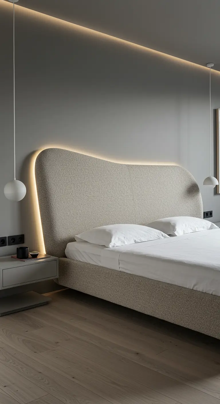 Modern gestoffeerd hoofdbord met organische vorm en LED-achtergrondverlichting in een grijze slaapkamer.