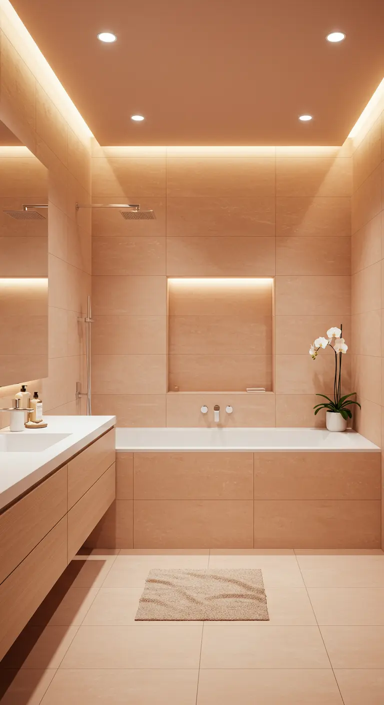Lichte terracotta badkamer, ingebouwde verlichting, witte wastafel en bad, houten meubel.
