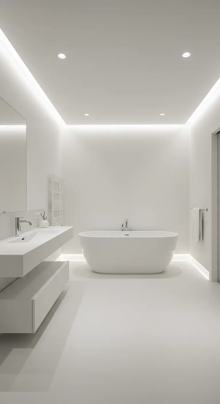 Ultra-minimalistische witte badkamer met indirecte LED-verlichting langs het plafond en meubel.