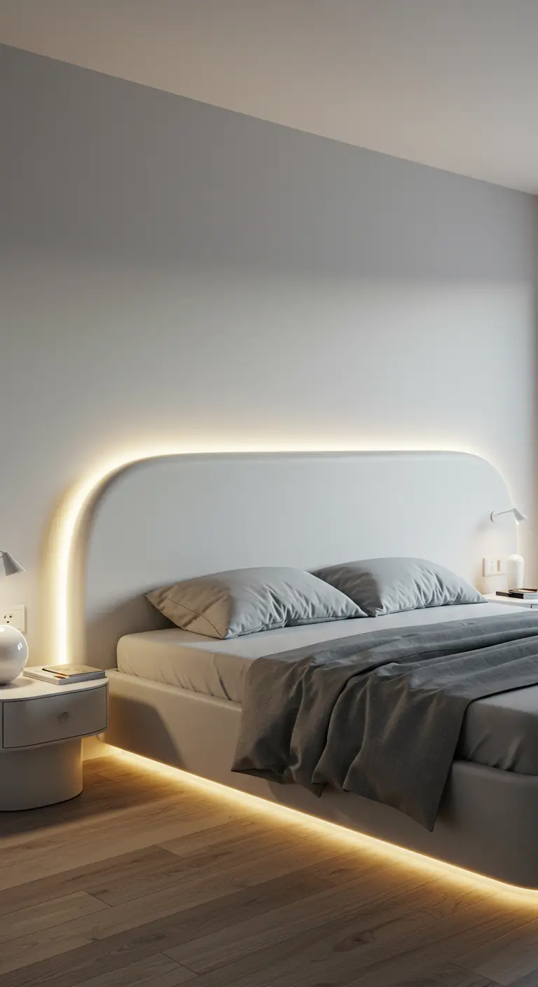 Wit minimalistisch hoofdbord met afgeronde hoeken, verlicht door LED-strip erachter.