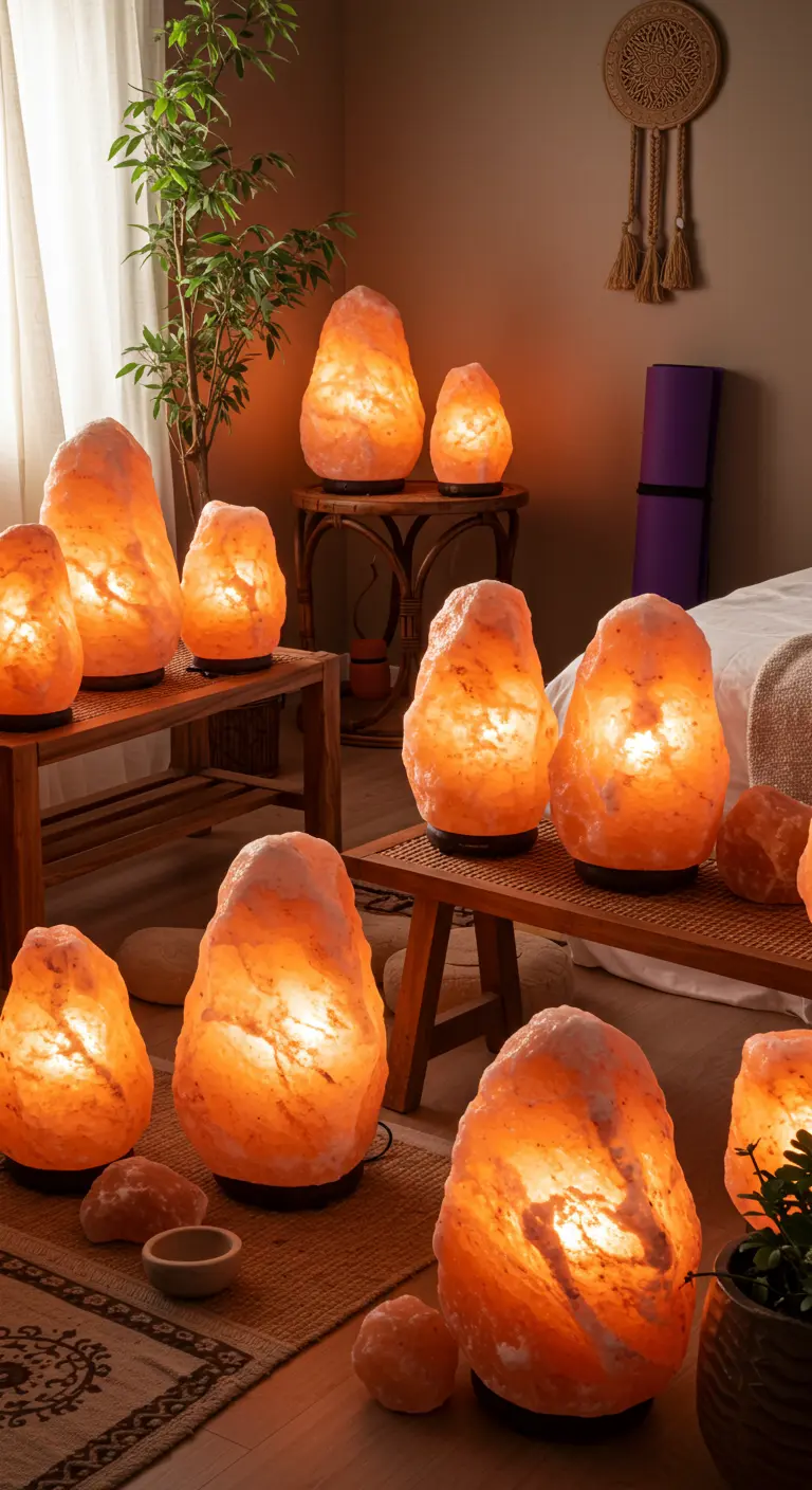 Diverse Himalaya zoutlampen in verschillende formaten op houten tafeltjes.