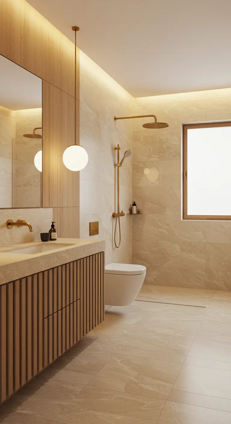 Badkamer met crèmekleurig marmer, houten latjes meubel en zachte messing verlichting.