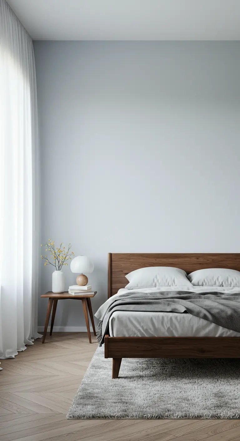 Lichte slaapkamer met subtiel lichtblauw kleurverloop op de muur achter het bed.