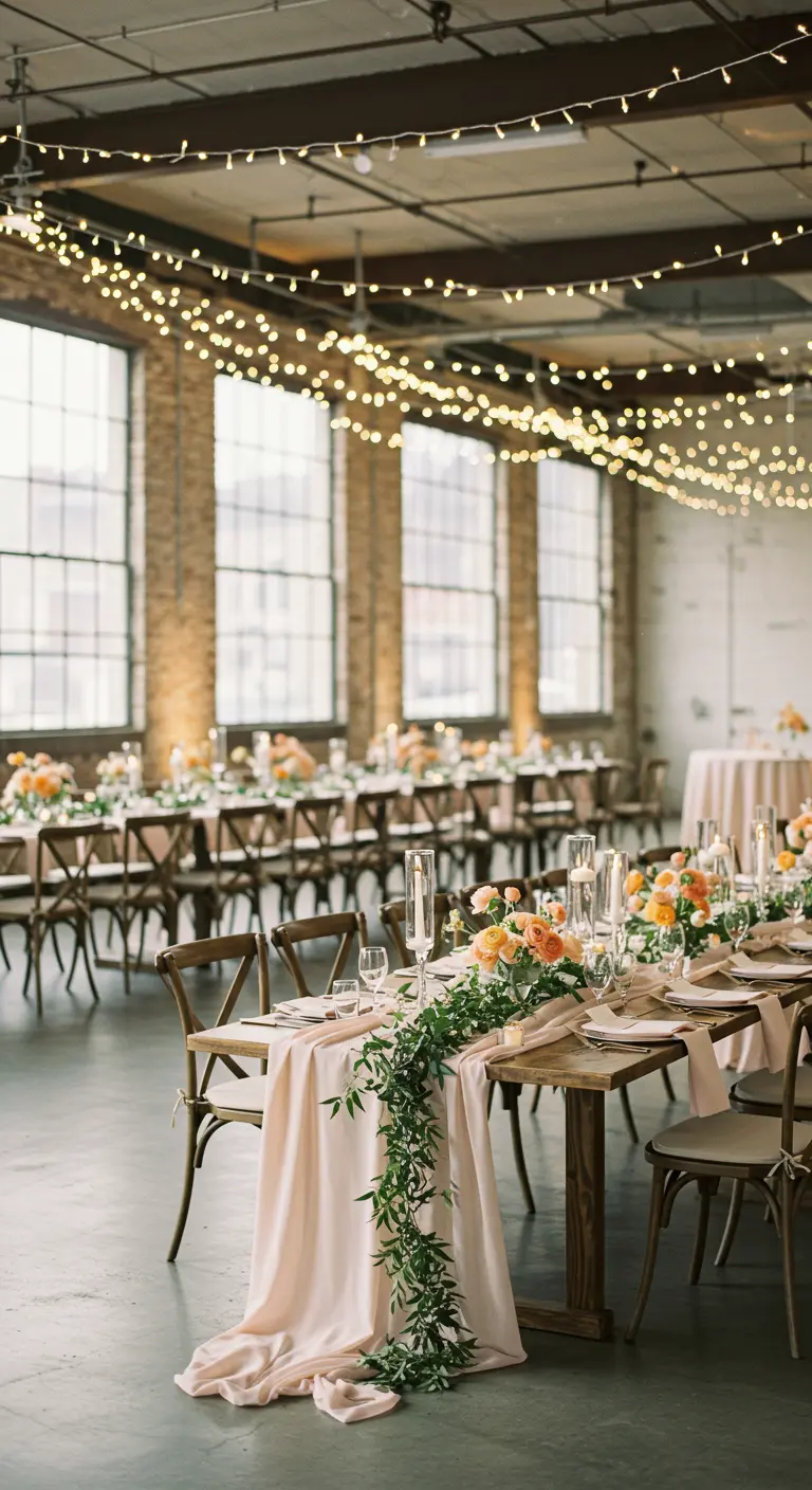 Industriële setting met lange houten tafel, blushroze loper en groenslinger met bloemen.