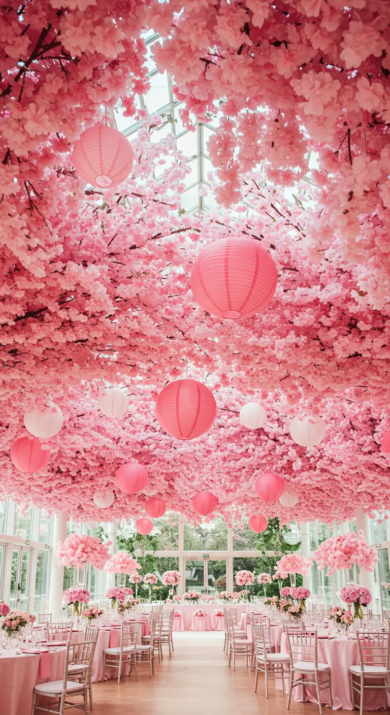 Plafond vol roze papieren lampionnen en kersenbloesems voor een dromerige sfeer.