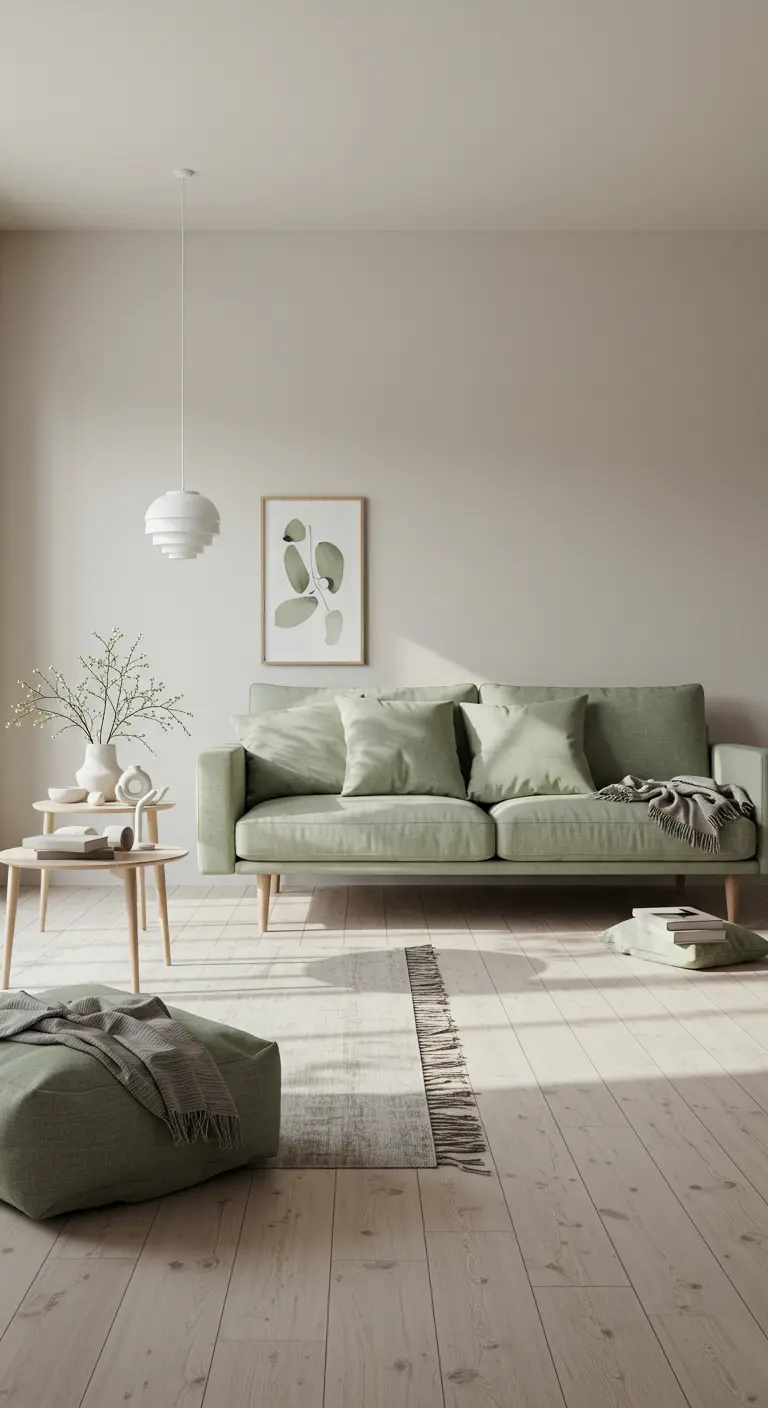Woonkamer met beige muren, saliegroene bank, licht houten meubels en abstracte kunst.