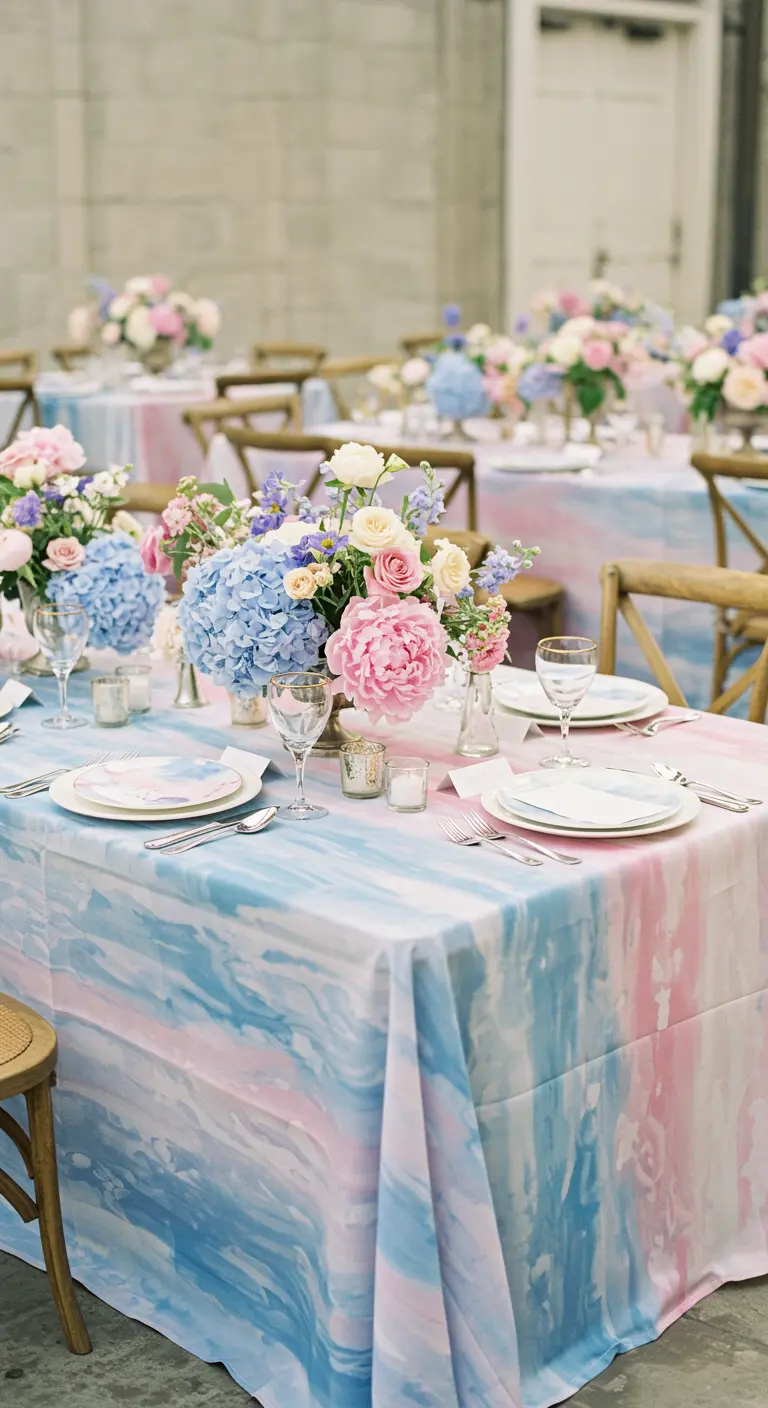 Tafel gedekt met pastel aquarel tafelkleed en weelderige pastelkleurige bloemen.