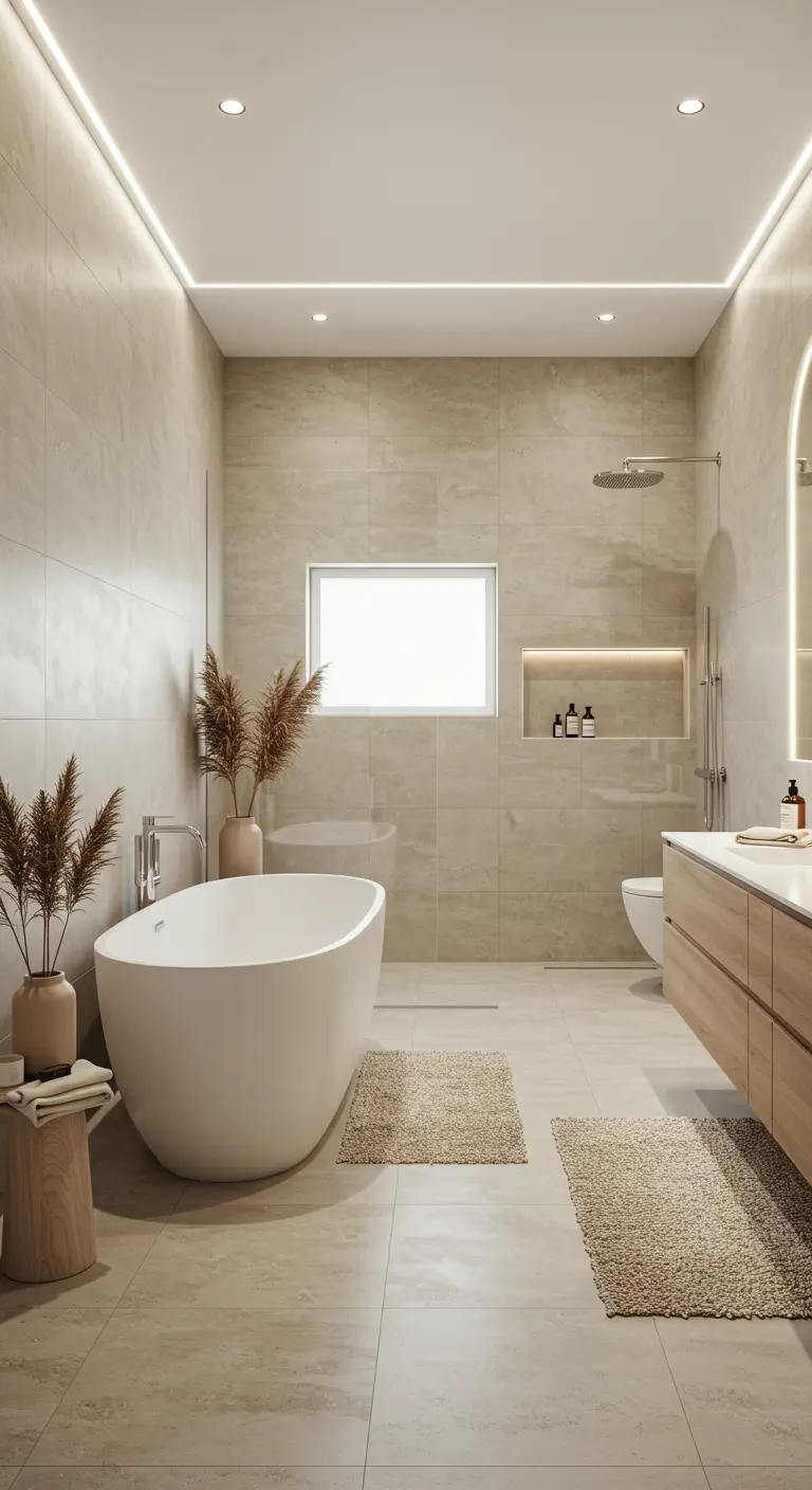 Badkamer met zandkleurige tegels, ton-sur-ton textiel en droogbloemen.