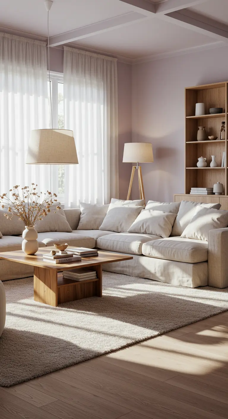 Licht ingerichte woonkamer met lavendel muur, linnen bank, houten tafel en transparante gordijnen.