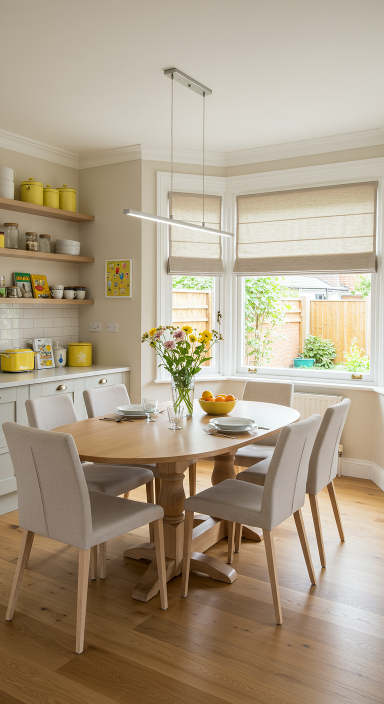 Lichte keuken met ovale houten eettafel en beige stoelen in een erker.