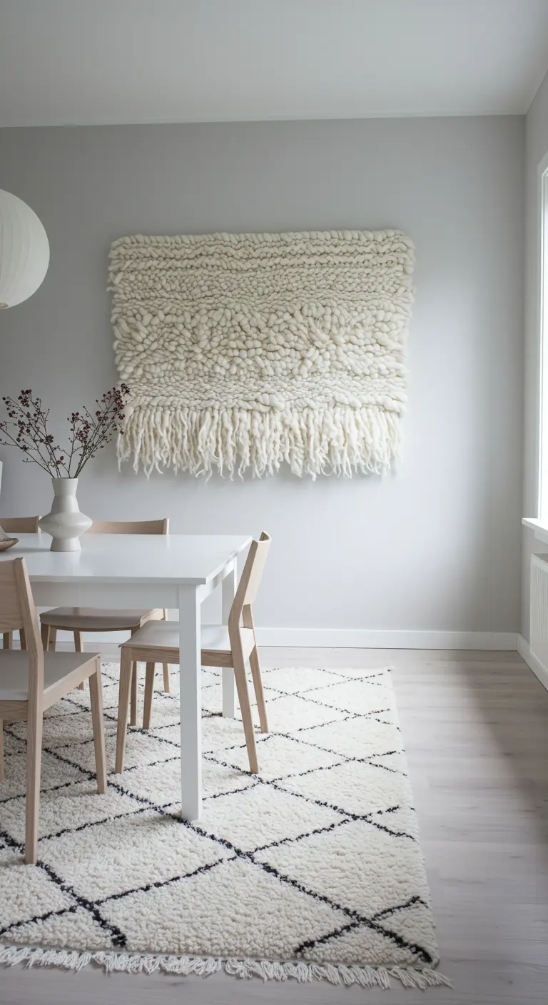 Lichte eetkamer met groot wit wollen wandkleed en bijpassend vloerkleed.