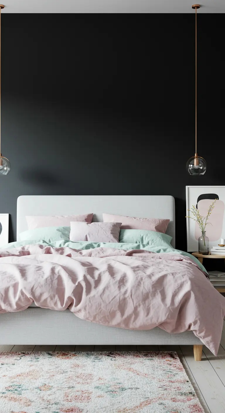 Slaapkamer met zwarte muur en bed met pastelkleurig roze en mintgroen beddengoed.