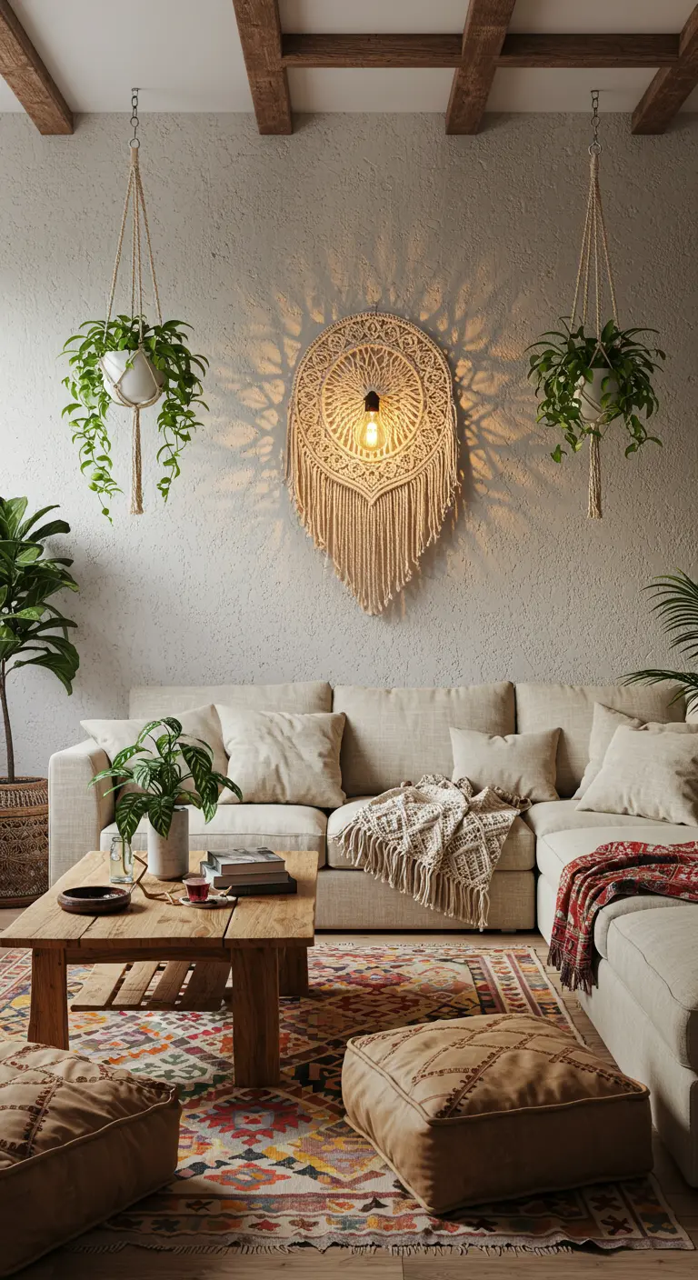Woonkamer in boho-stijl met macramé wandlamp en hangplanten.