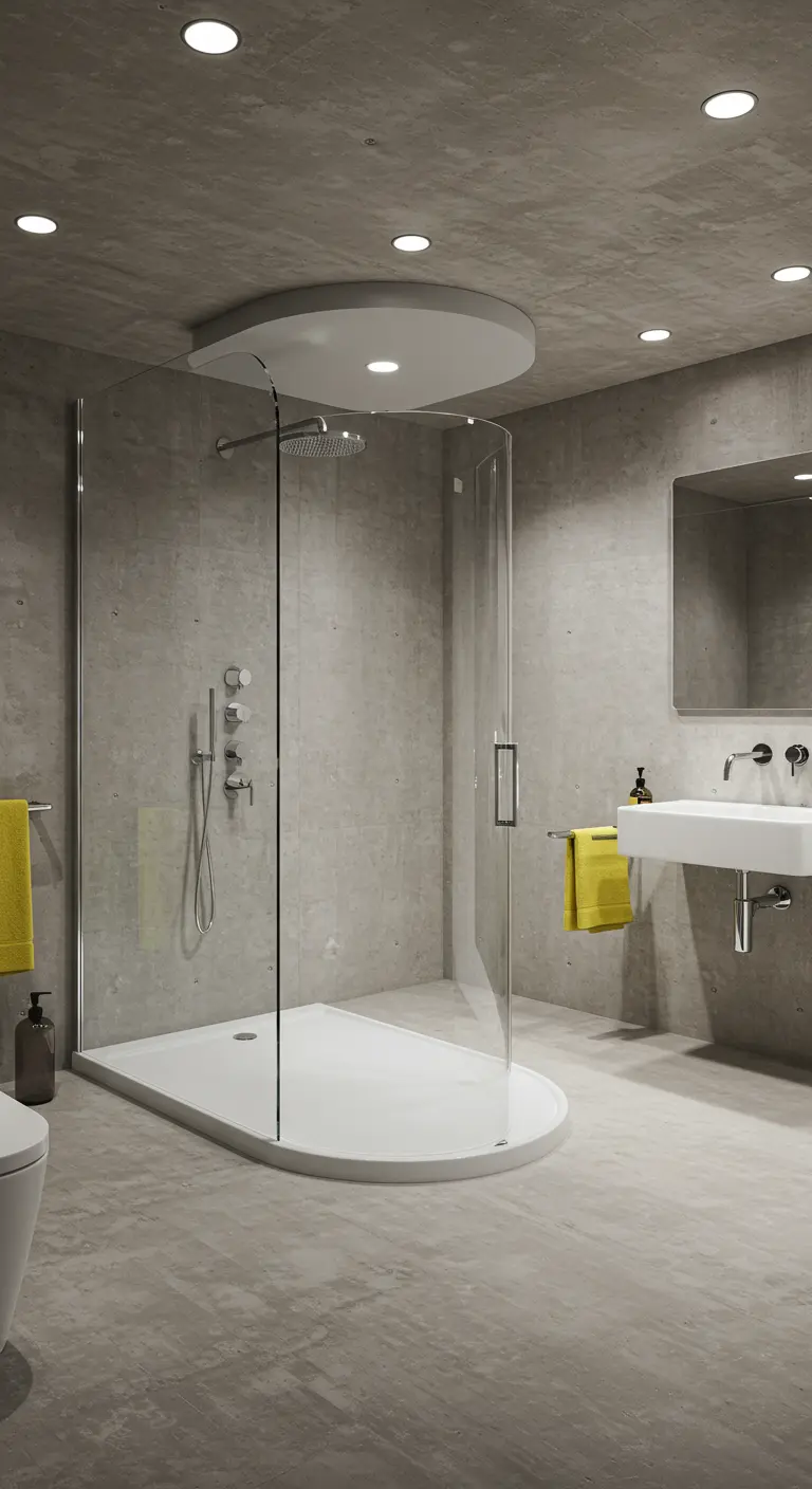 Grijze badkamer met gebogen glazen douchewand en betonnen look.