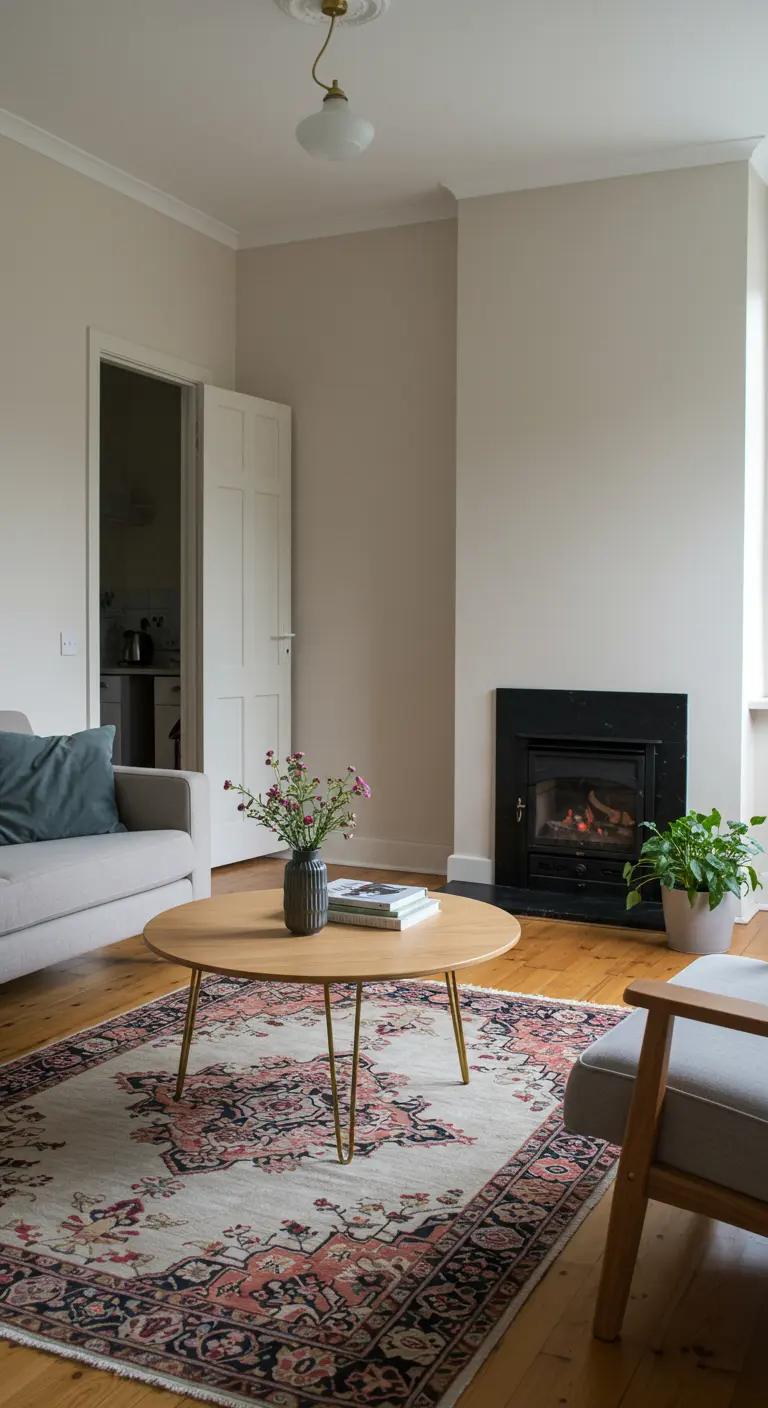 Woonkamer met een ronde houten salontafel met slanke metalen poten op een Perzisch tapijt.