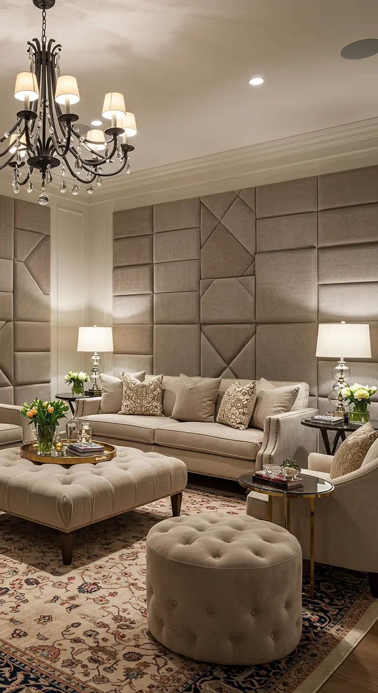 Elegante woonkamer met een muur bekleed met beige gestoffeerde panelen in geometrisch patroon.