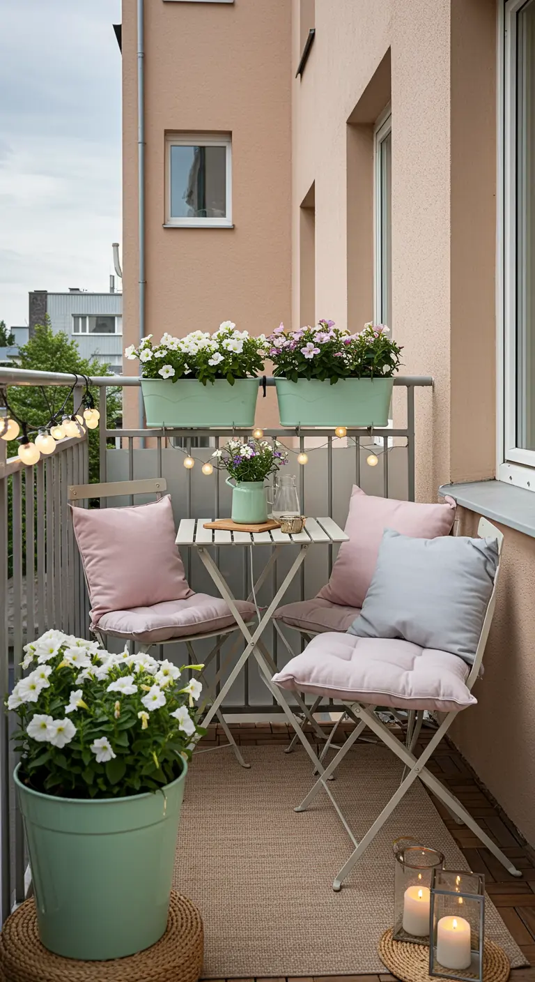 Klein balkon met mintgroene plantenbakken, pastelkussens en een lichtslinger.