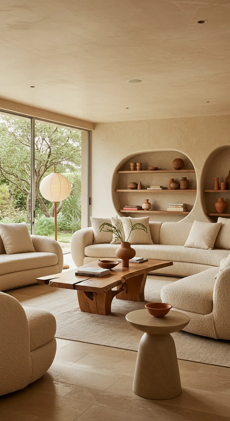 Woonkamer met organische vormen, beige bouclé banken en houten salontafel.