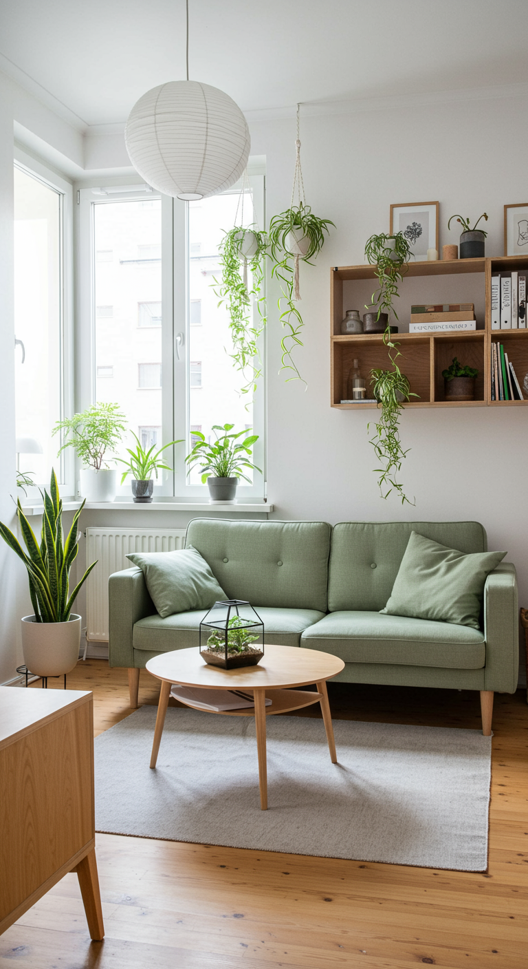 Lichte woonkamer met groene bank, houten meubels en veel hangplanten.