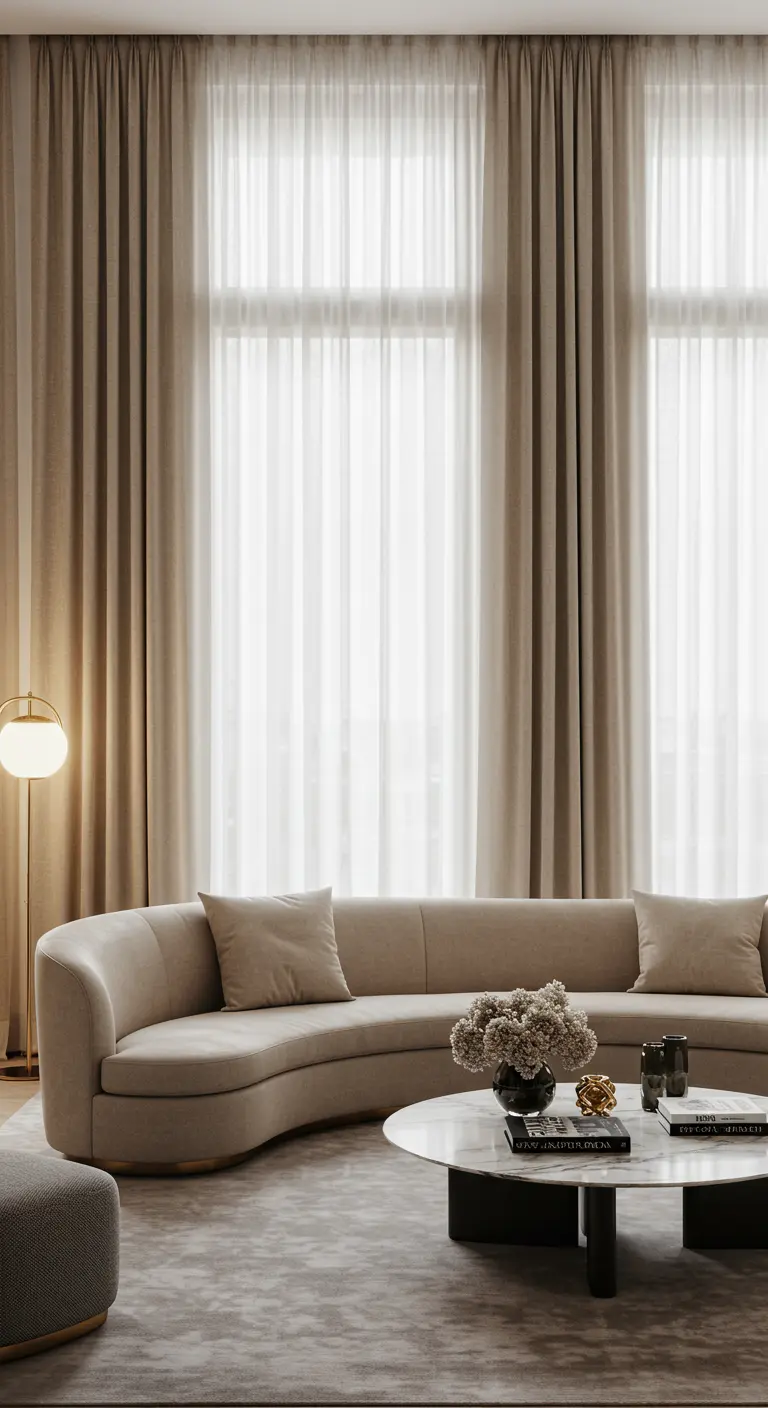 Kamerhoge beige gordijnen achter een moderne, gebogen beige bank.