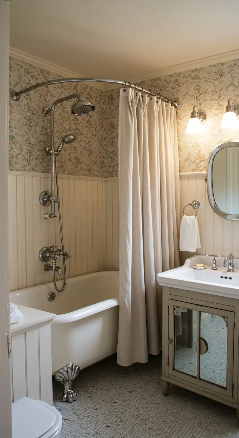 Klassieke badkamer met bad-douchecombinatie, stoffen douchegordijn en behang.
